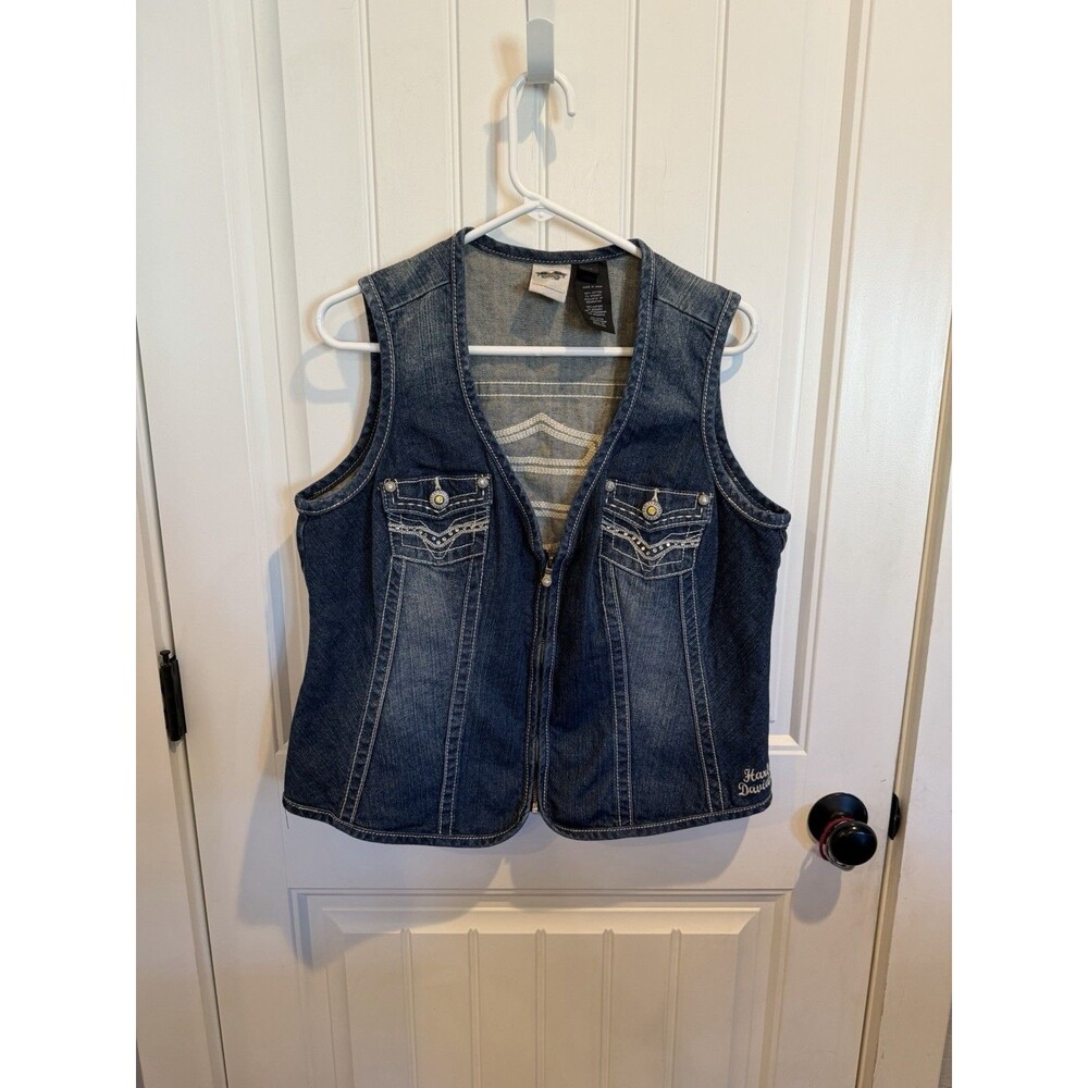 Harley Davidson Women 1W Denim Vest Rhinestone Bar Shield Logo Zip Biker